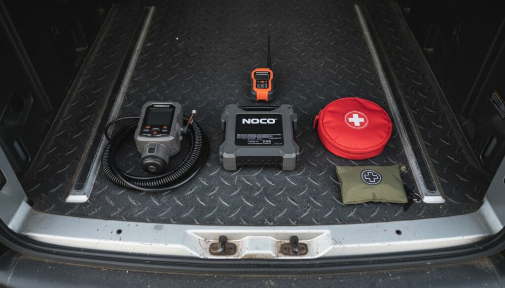Best Car Emergency Kit Essentials for 2026: What I Actually Carry Boondocking Full-Time car emergency kit essentials laid out in van cargo area including NOCO jump starter tire inflator and first aid kit