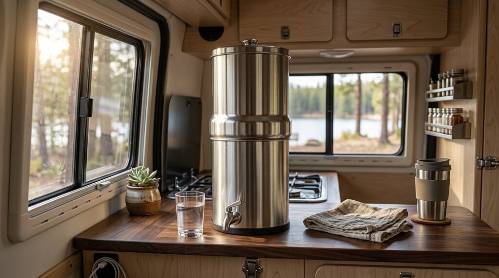 Travel Berkey Water Filter Review for RV Boondocking (2026): Real 30-Day Road Test Travel Berkey water filter on RV galley countertop