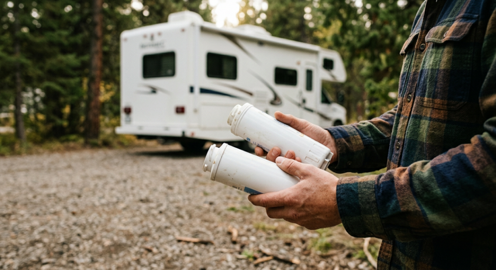 best rv water filter system inline setup at campsite